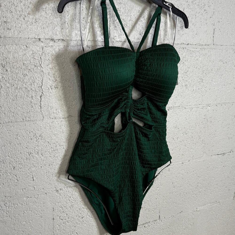 Bar III Women's Pucker up Textured Cutout Swimsuit, Fiji Foliage XL $94